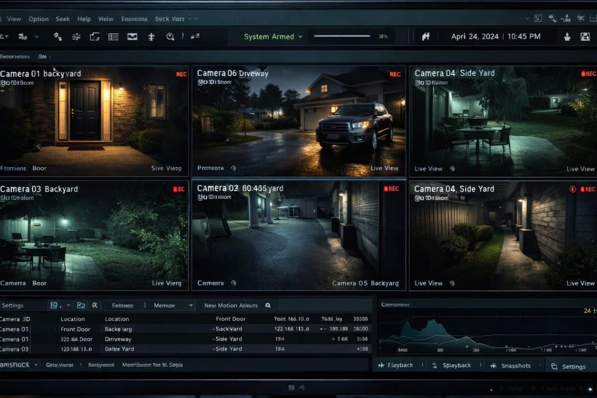 Security camera system monitoring interface with multiple camera views